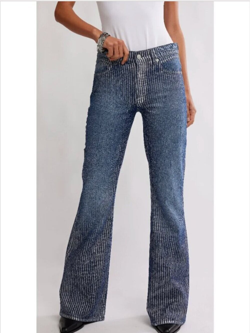 FREE PEOPLE NWT We The Free West Coast Metallic Jeans / Country Blue - Picture 5 of 9